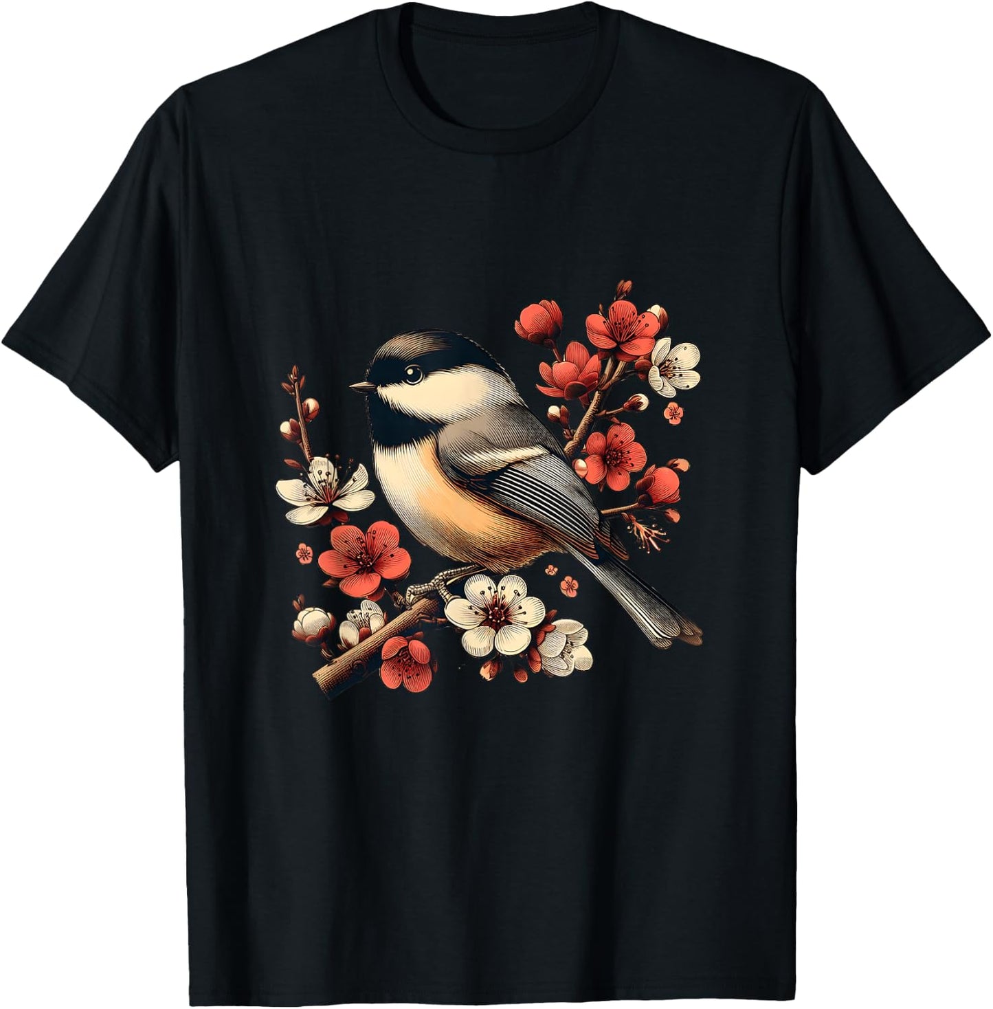 Bird Watching Nature Animal Vintage Blossom Chickadee T-Shirt - T-Shirt | Black