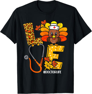 Love Turkey Stethoscope Doctor Life Leopard Thanksgiving T-Shirt - T-Shirt | Black