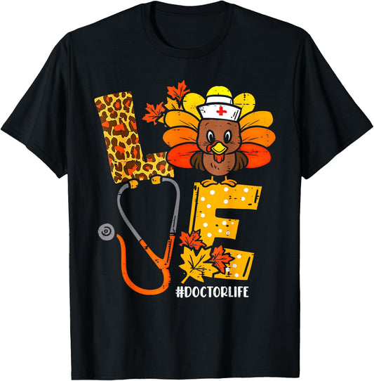 Love Turkey Stethoscope Doctor Life Leopard Thanksgiving T-Shirt - T-Shirt | Black