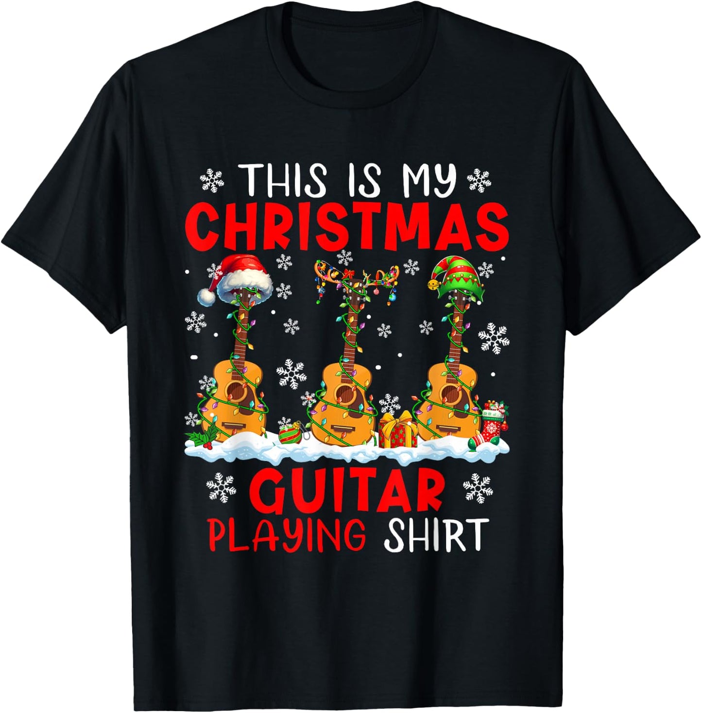 My Christmas Guitar Playing Shirt Three Santa Instruments T-Shirt - T-Shirt | Black