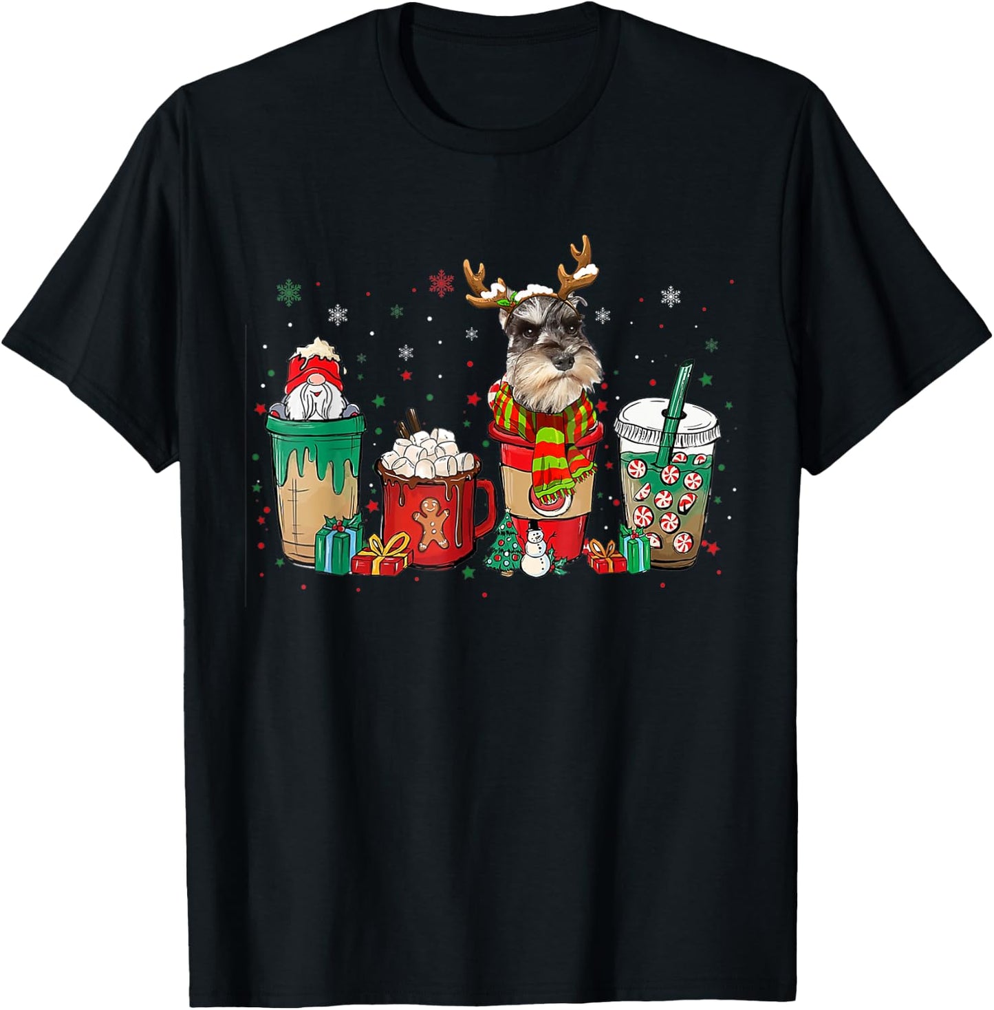 Cute Schnauzer Dog Christmas Coffee Pajamas Xmas Men Women T-Shirt - T-Shirt | Black