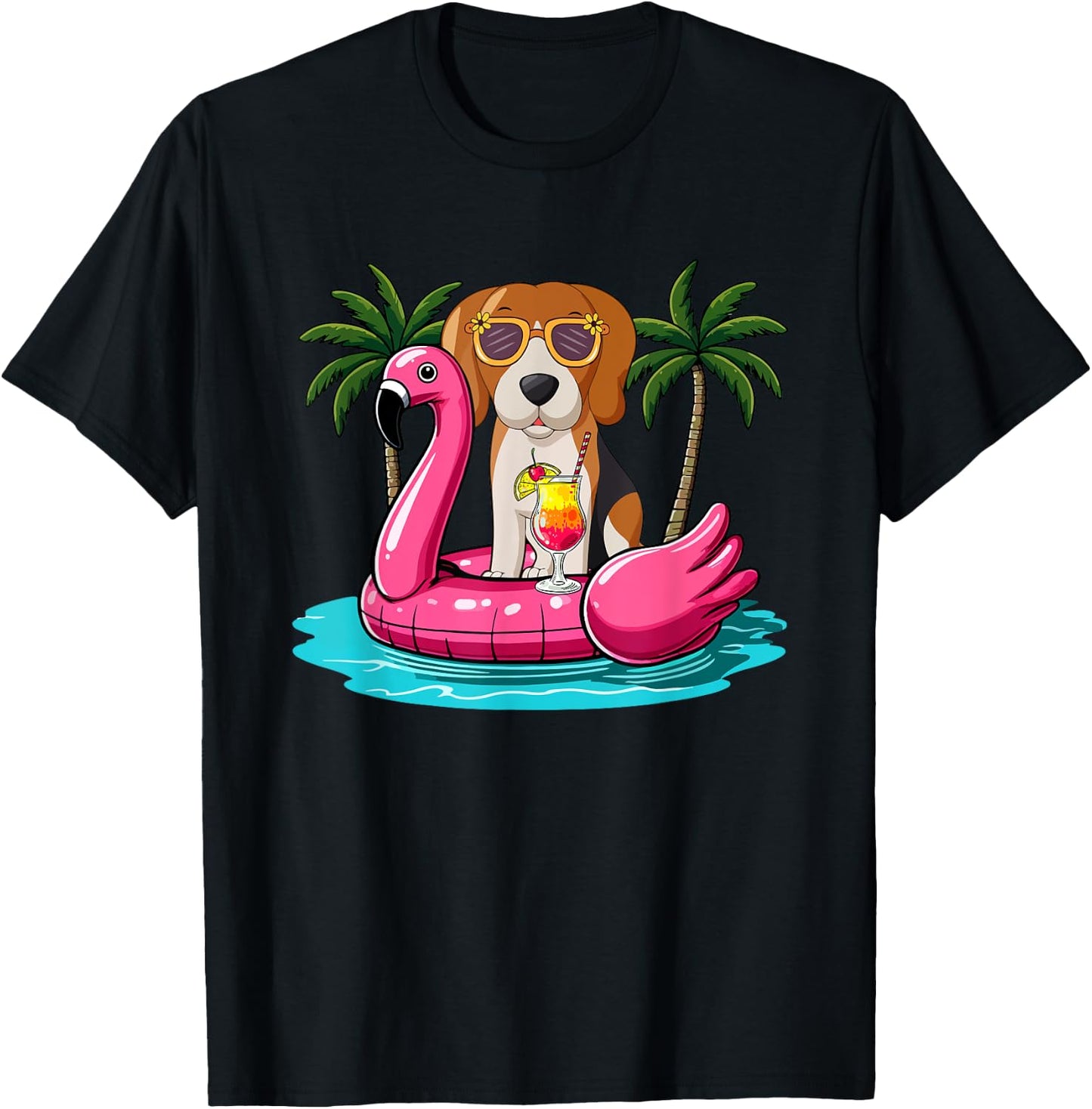 Beagle Sunglasses On Flamingo Cute Float Costume Summer T-Shirt - T-Shirt | Black