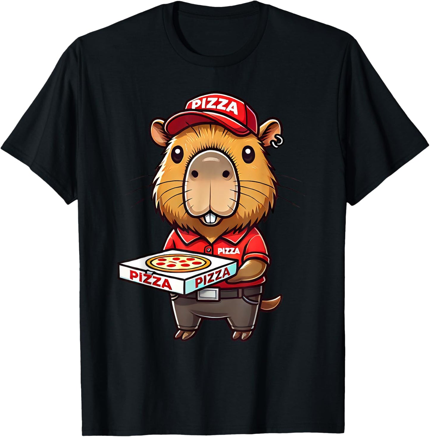 Capybara Funny Pizza Delivery Costume Men Women Kids T-Shirt - T-Shirt | Black