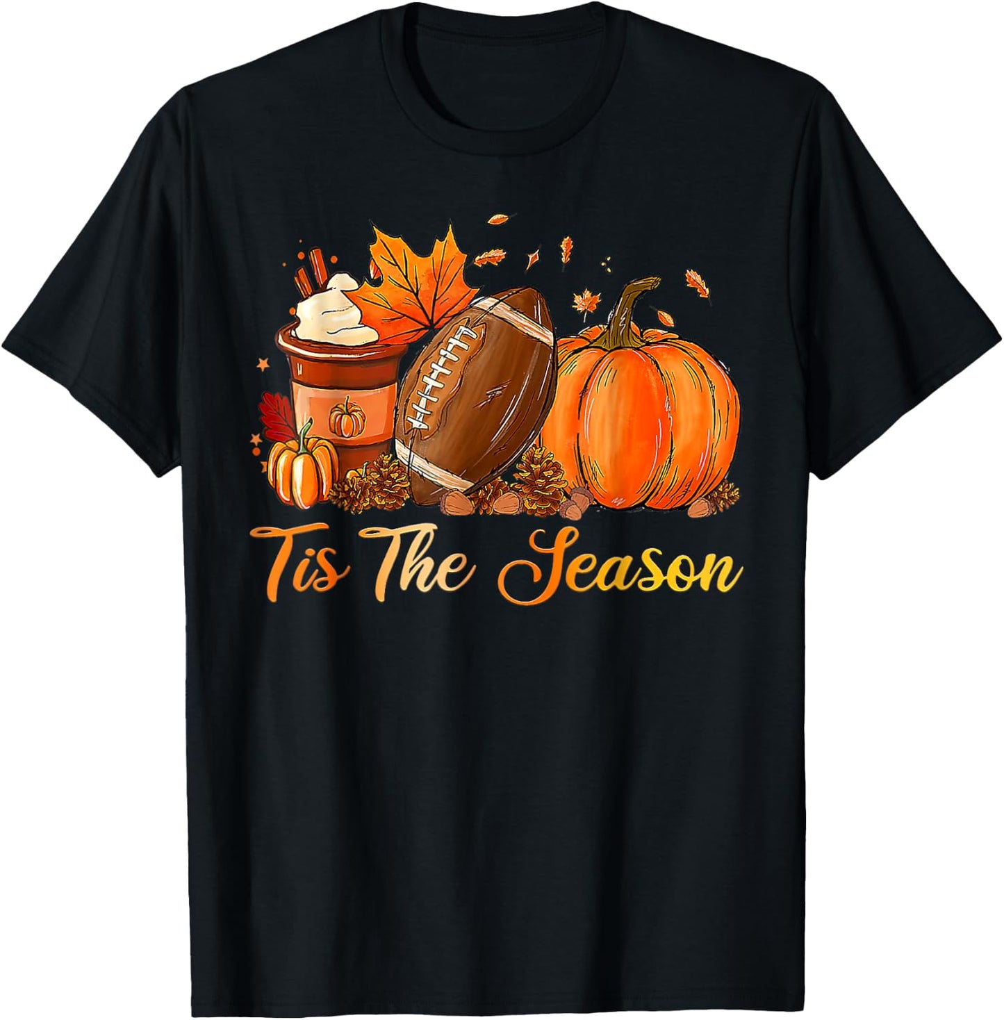 Pumpkin Spice Football Tis The Season Fall Thanksgiving T-Shirt - T-Shirt | Black