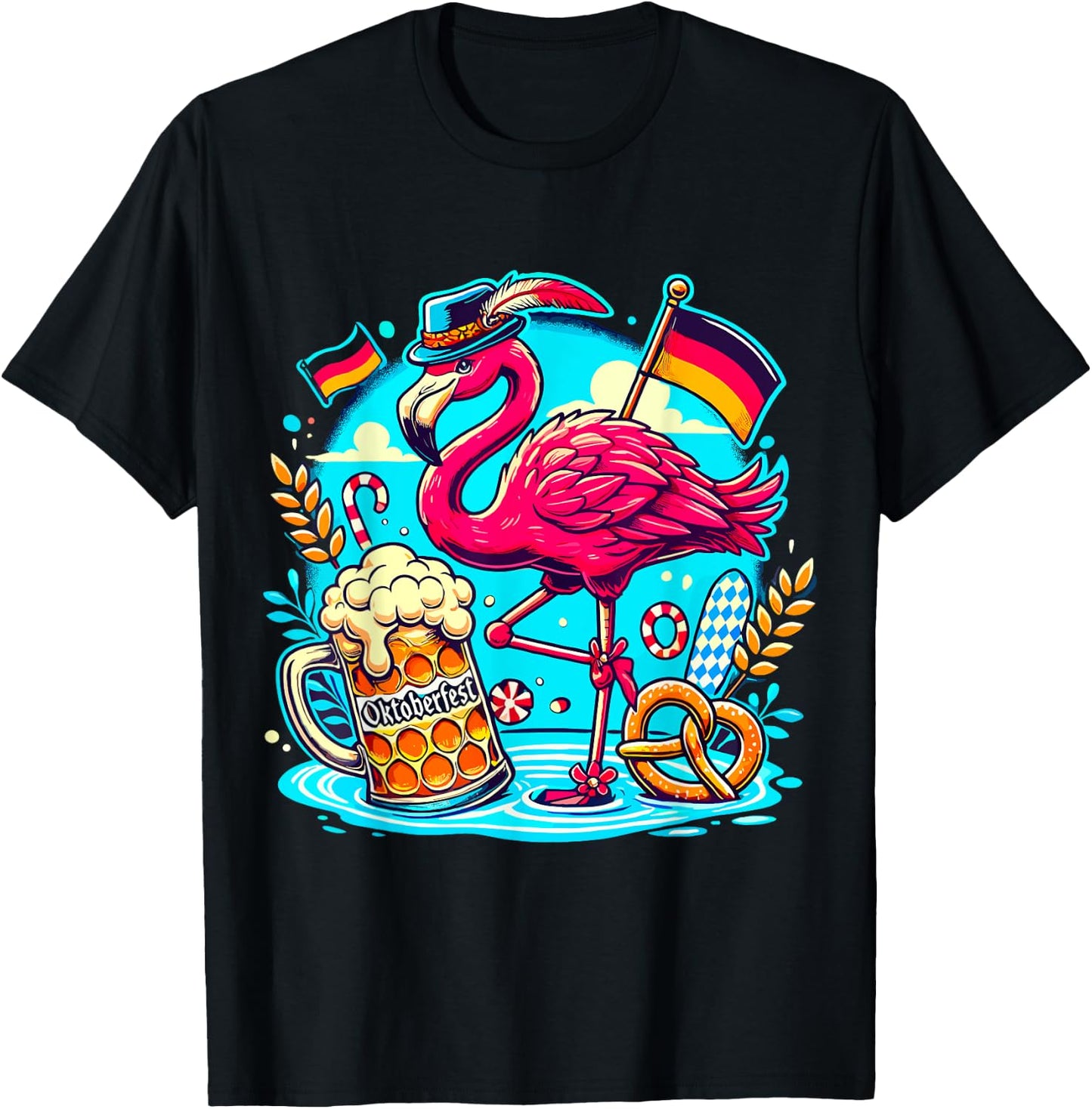 Octoberfest Flamingo Beer Germany Brezel Oktoberfest T-Shirt - T-Shirt | Black