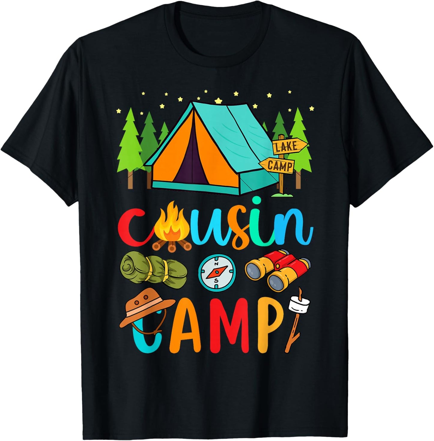 Funny Cousin Camp 2025 Family Vacation Summer Camping Crew T-Shirt - T-Shirt | Black