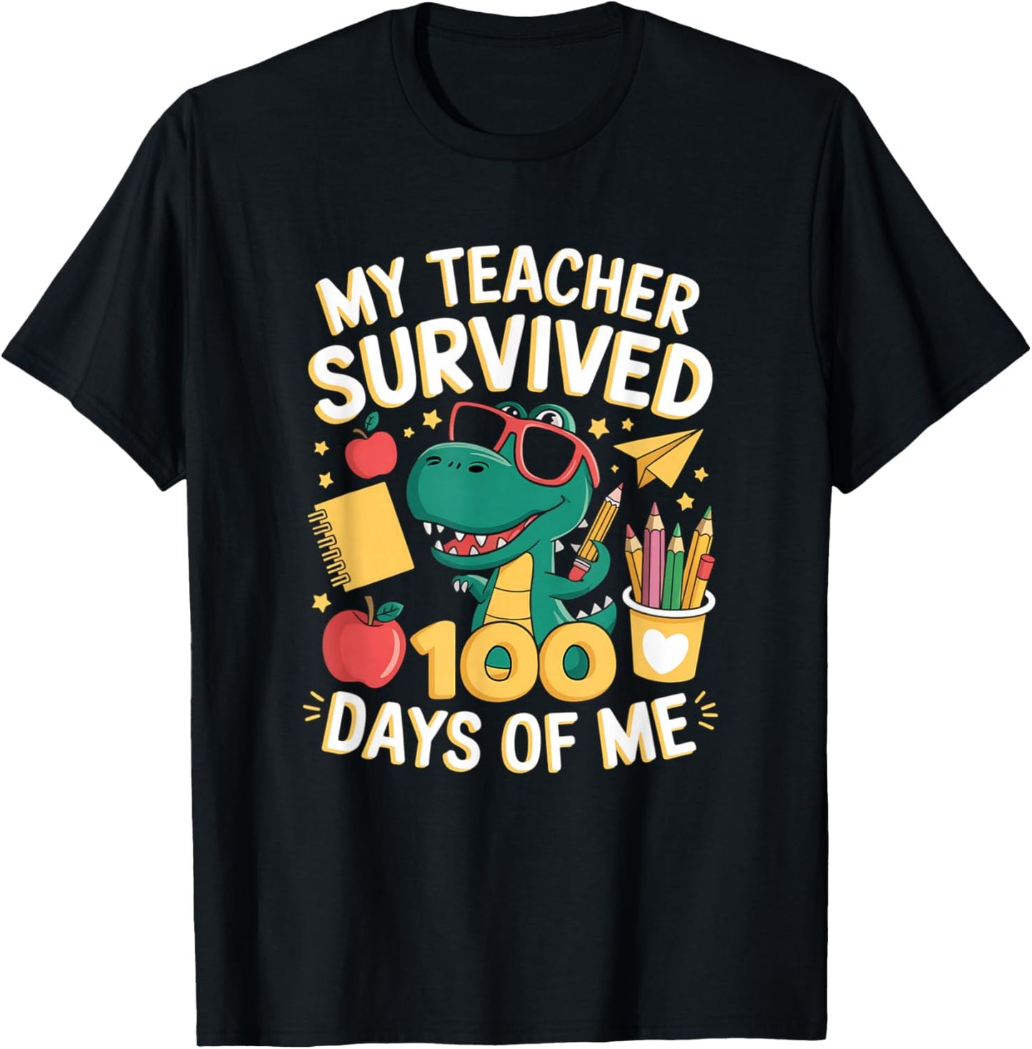 My Teacher Survived 100 Days Of Me Funny Dinosaur School T-Shirt - T-Shirt | Black