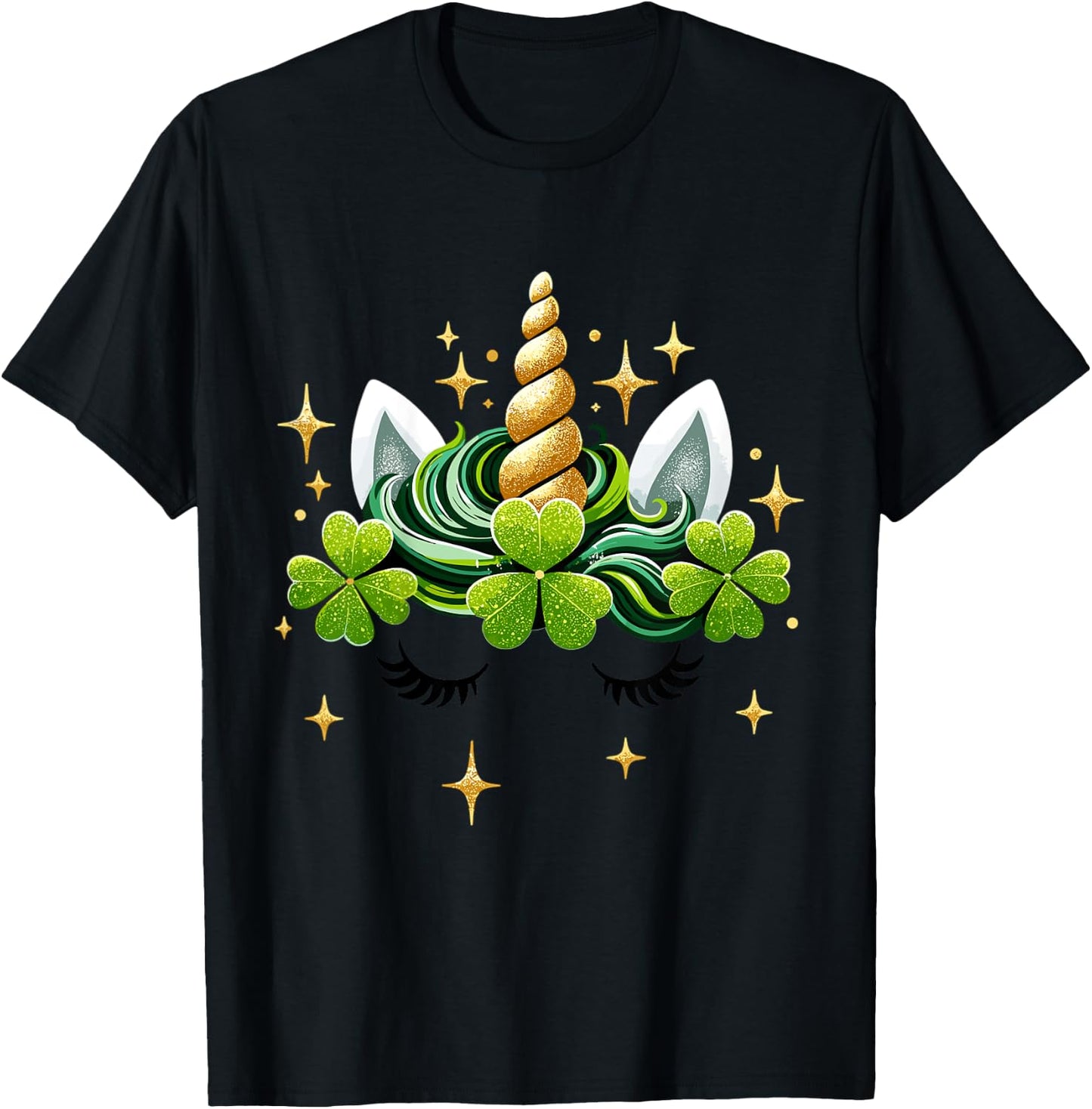 Kids Unicorn Face Shamrock St Patrick's Day Girl T-Shirt - T-Shirt | Black