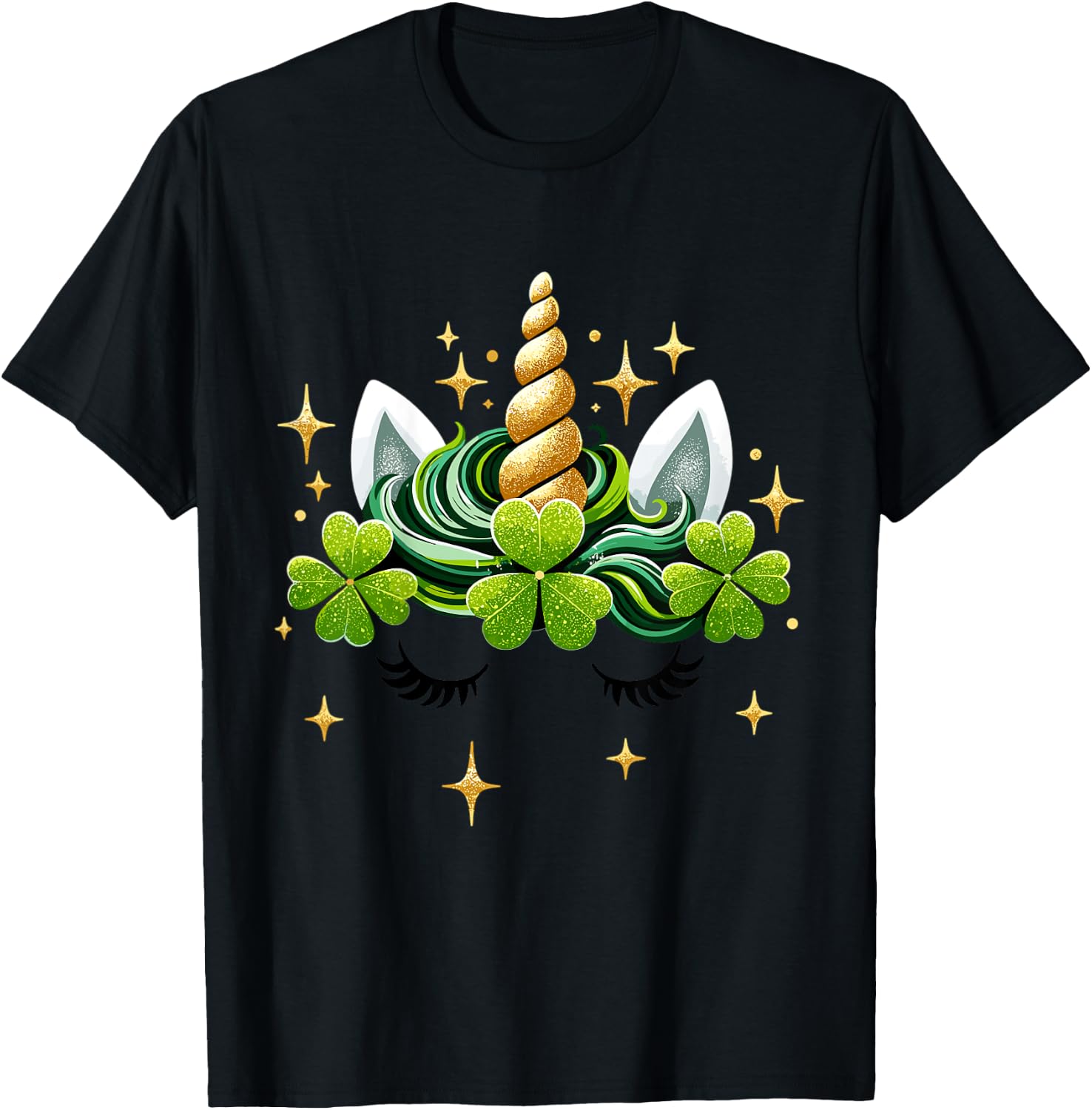 Kids Unicorn Face Shamrock St Patrick's Day Girl T-Shirt - T-Shirt | Black