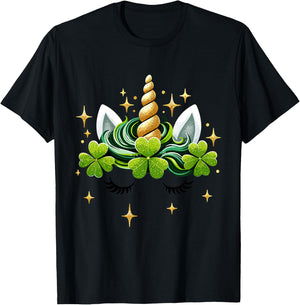 Kids Unicorn Face Shamrock St Patrick's Day Girl T-Shirt - T-Shirt | Black