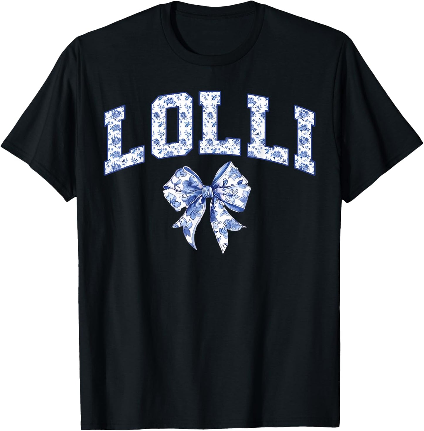 Lolli Coquette Toile Blue Bow Floral Family Matching T-Shirt - T-Shirt | Black