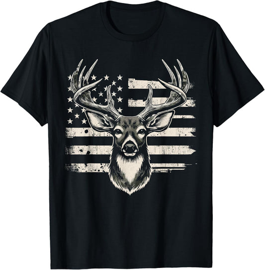 Deer Hunting USA Flag American T-Shirt - T-Shirt | Black