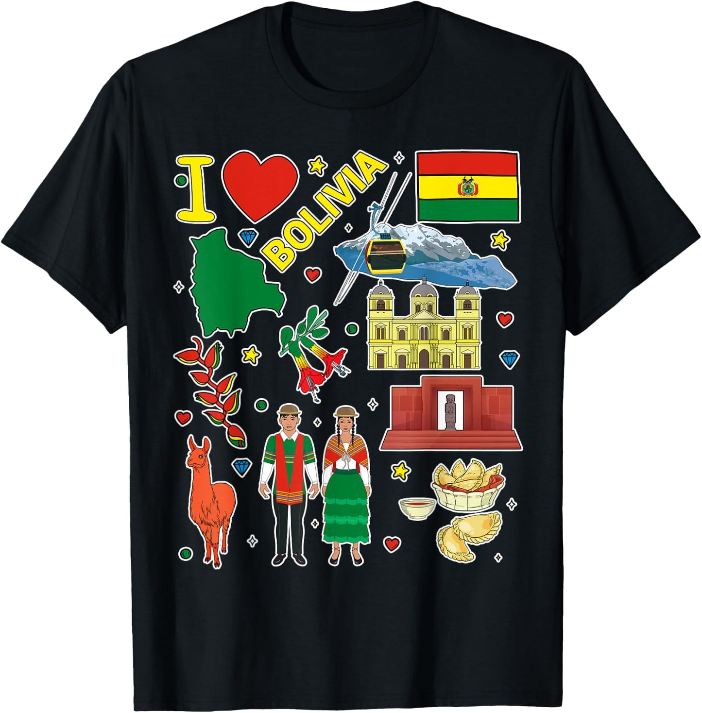 Bolivian hand drawn symbols, Bolivia map, cultural icons T-Shirt - T-Shirt | Black