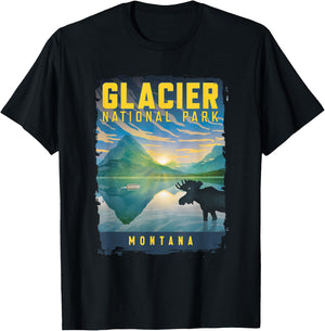 Glacier National Park Montana Moose On A Lake Landscape T-Shirt - T-Shirt | Black