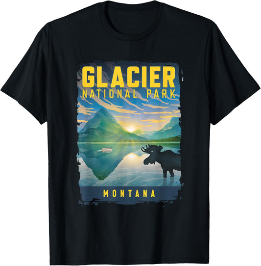 Glacier National Park Montana Moose On A Lake Landscape T-Shirt - T-Shirt | Black