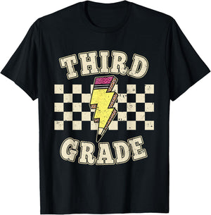 Retro Third Grade Teacher Lightning Bolt Pencil Teacher Kids T-Shirt - T-Shirt | Black