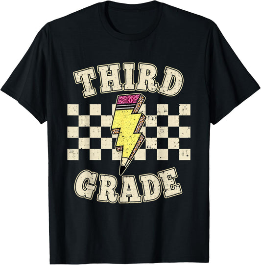 Retro Third Grade Teacher Lightning Bolt Pencil Teacher Kids T-Shirt - T-Shirt | Black