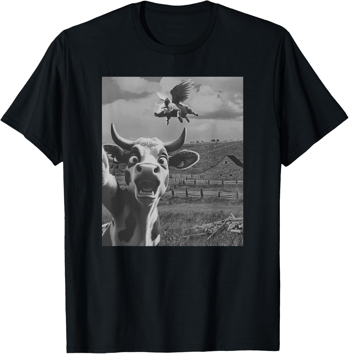 Cow Selfie With Flying Pigs Fly Funny Gift Women Kid T-Shirt - T-Shirt | Black
