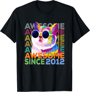 Awesome Since 2012 Shirt Funny Cat Lover 10th Birthday Shirt Women Kids T-Shirt - T-Shirt | Black