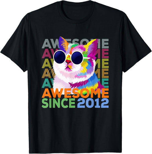 Awesome Since 2012 Shirt Funny Cat Lover 10th Birthday Shirt Women Kids T-Shirt - T-Shirt | Black