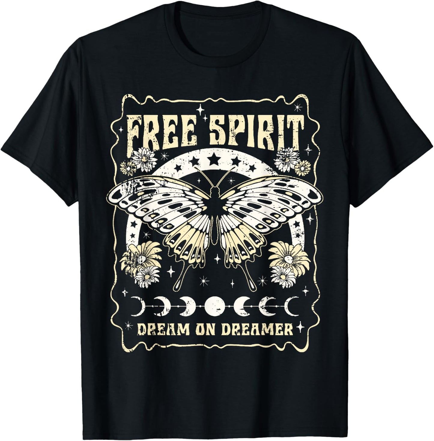 Vintage Retro Free Spirit Dream on Dreamer Butterfly T-Shirt - T-Shirt | Black