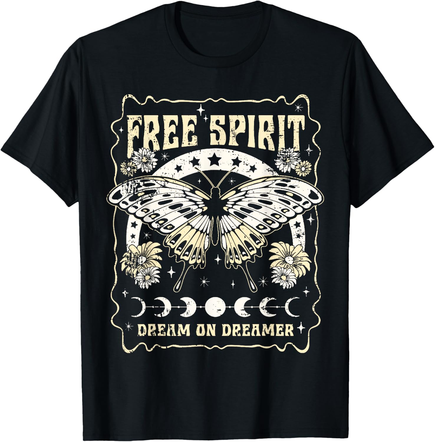 Vintage Retro Free Spirit Dream on Dreamer Butterfly T-Shirt - T-Shirt | Black