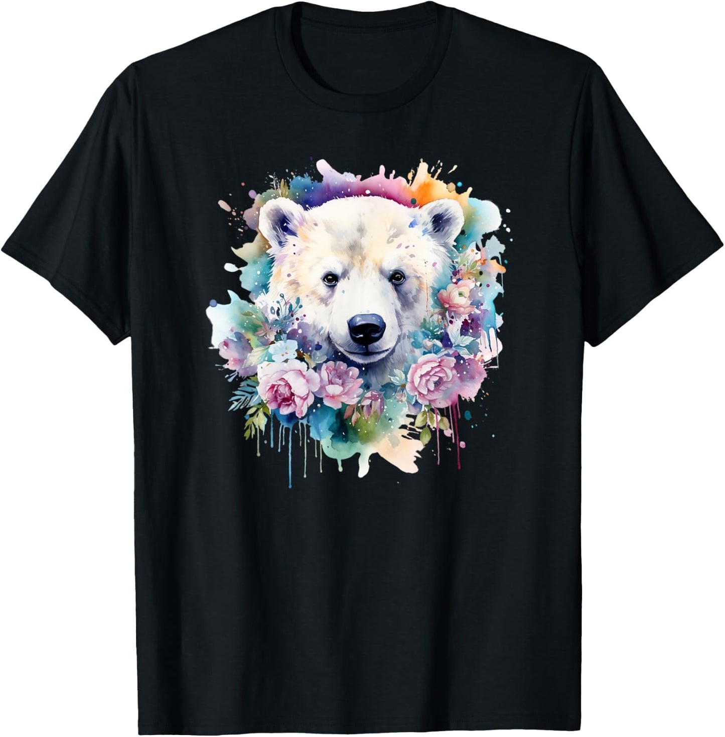 Polar Bear Floral Watercolor Animal Cute Polar Bear Face T-Shirt - T-Shirt | Black