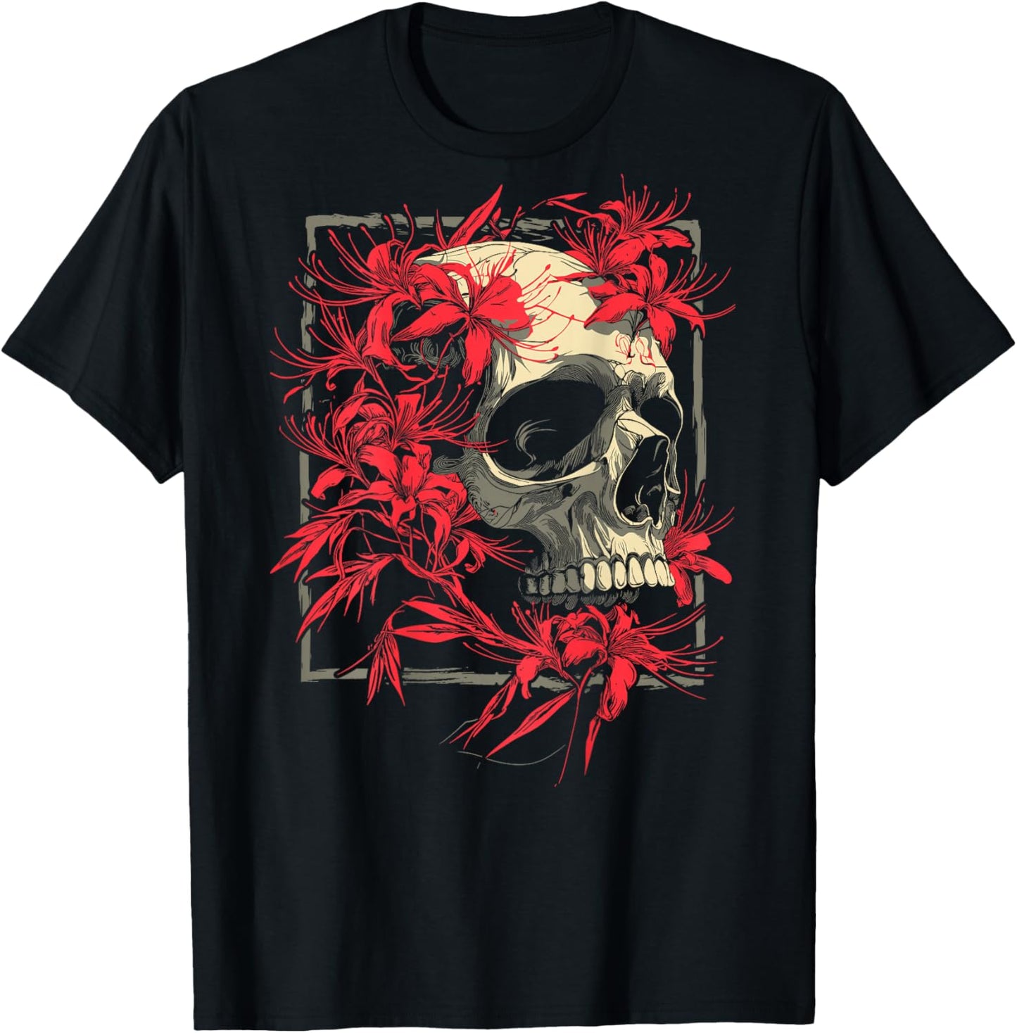 Red Spider Lily Flower Japanese Skull Otaku Backprinted T-Shirt - T-Shirt | Black
