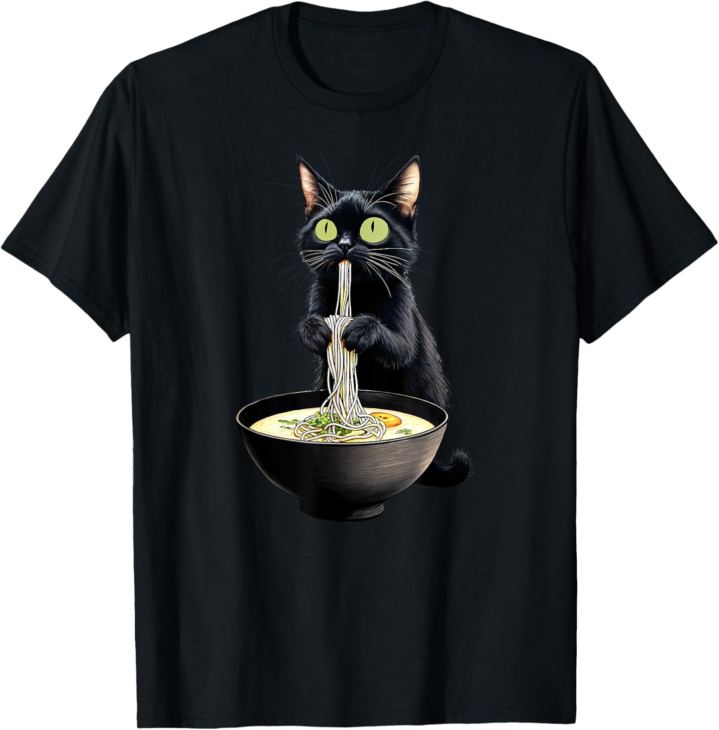 Black Cat Eating Ramen Noodles Japanese Food T-Shirt - T-Shirt | Black