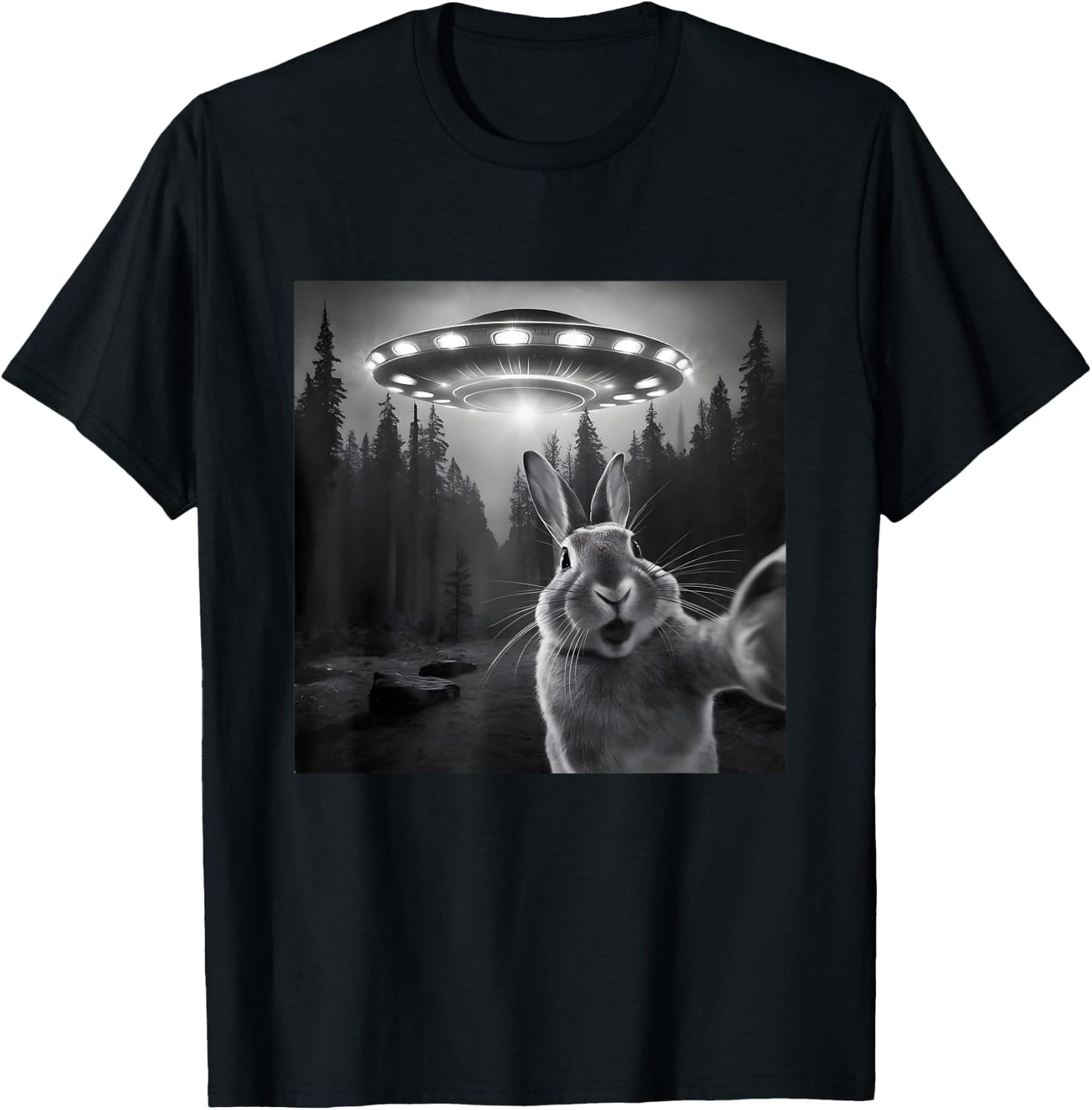 Rabbit Selfie With UFO - Funny Bunny Graphic Alien Lover T-Shirt - T-Shirt | Black