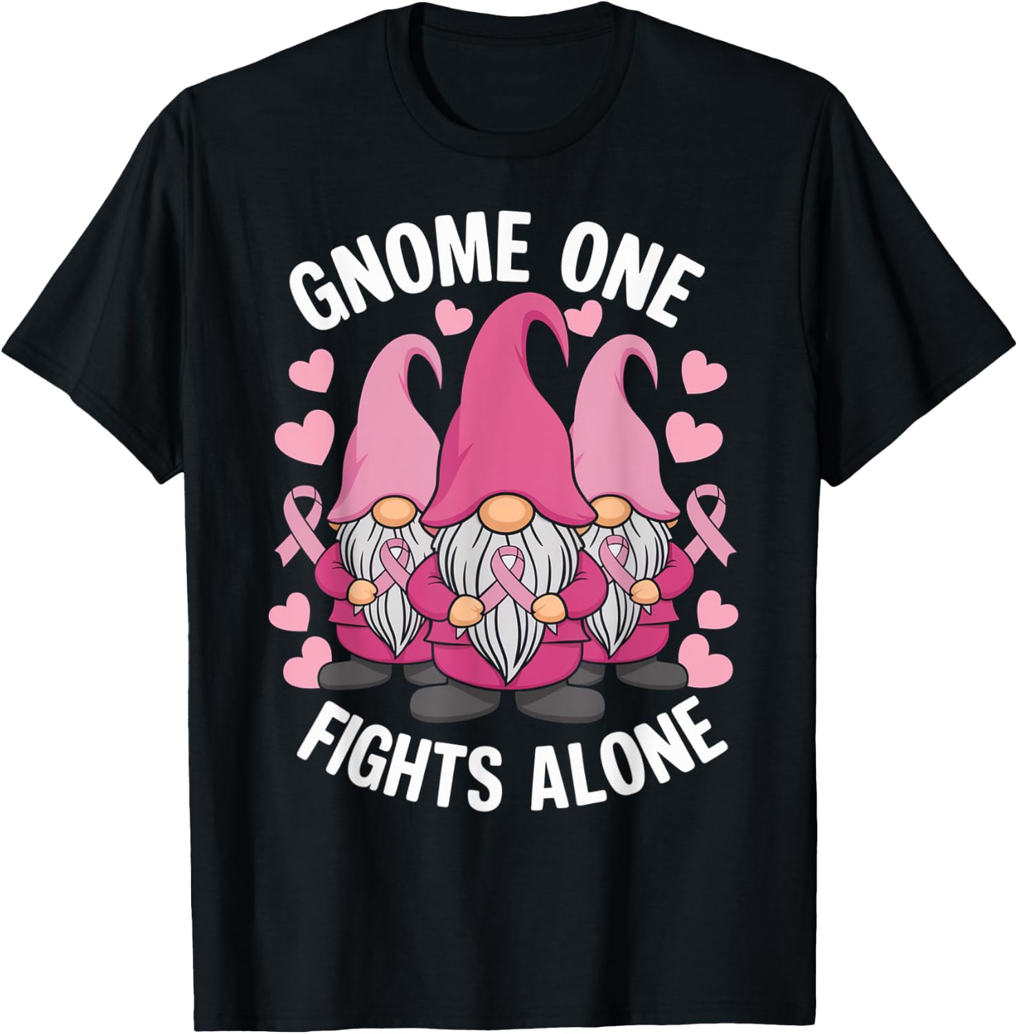 Gnome One Fights Alone Breast Cancer Awareness Pink Ribbon T-Shirt - T-Shirt | Black