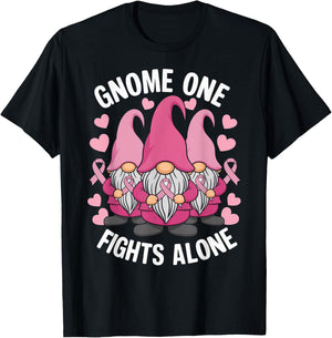 Gnome One Fights Alone Breast Cancer Awareness Pink Ribbon T-Shirt - T-Shirt | Black