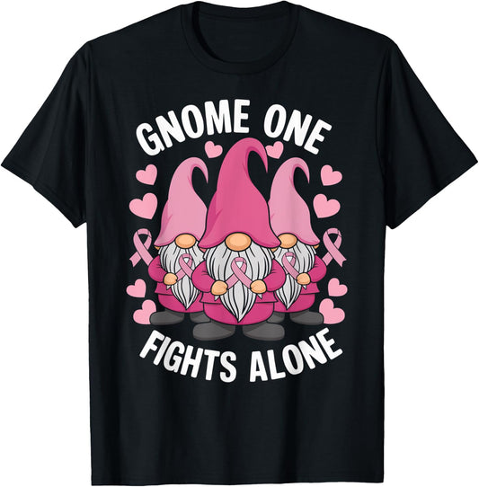 Gnome One Fights Alone Breast Cancer Awareness Pink Ribbon T-Shirt - T-Shirt | Black