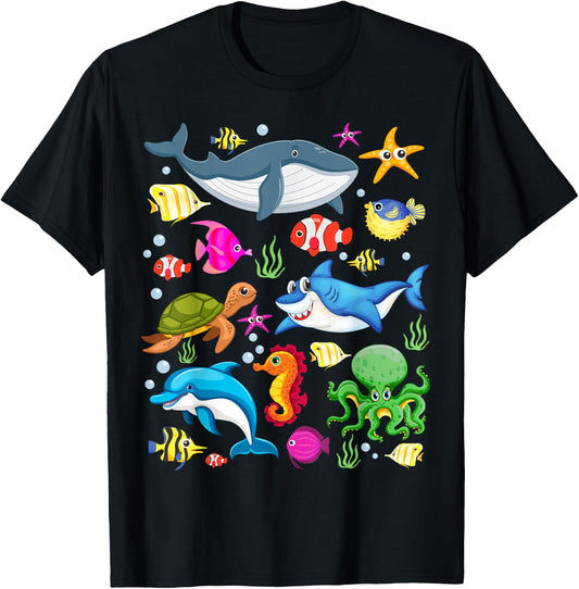 Cute Ocean Creatures Clownfish Sea Animals Kids Children T-Shirt - T-Shirt | Black