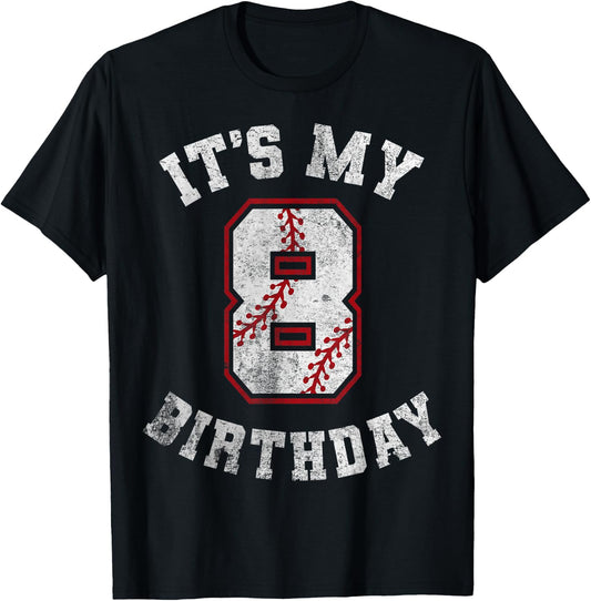 It's My 8th Birthday Baseball 8 Year Old Birthday Boys Kids T-Shirt - T-Shirt | Black