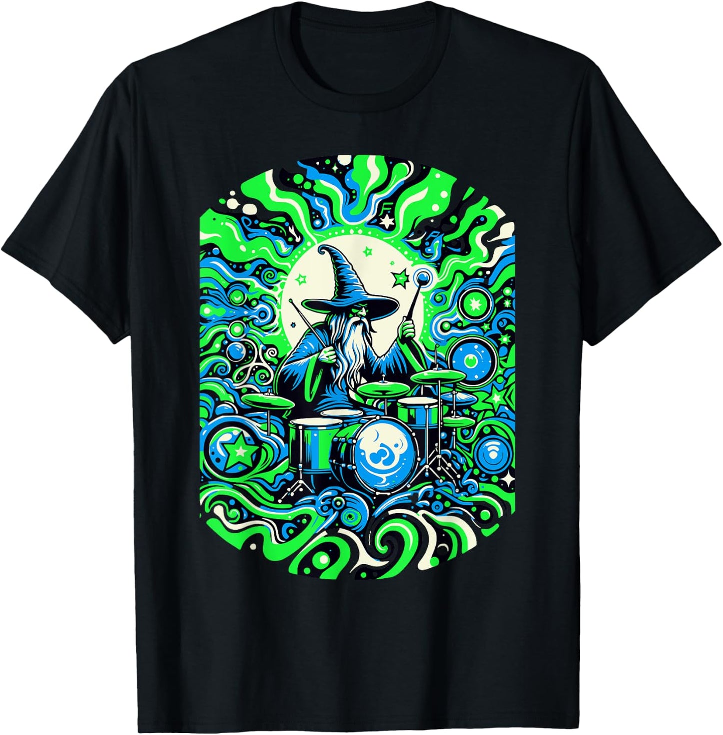 Psychedelic Trippy Rave Colourful Wizard on Drums T-Shirt - T-Shirt | Black
