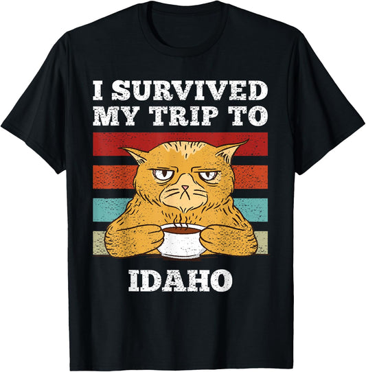 I Survived My Trip To Idaho Vintage Tired Cat Coffee T-Shirt - T-Shirt | Black