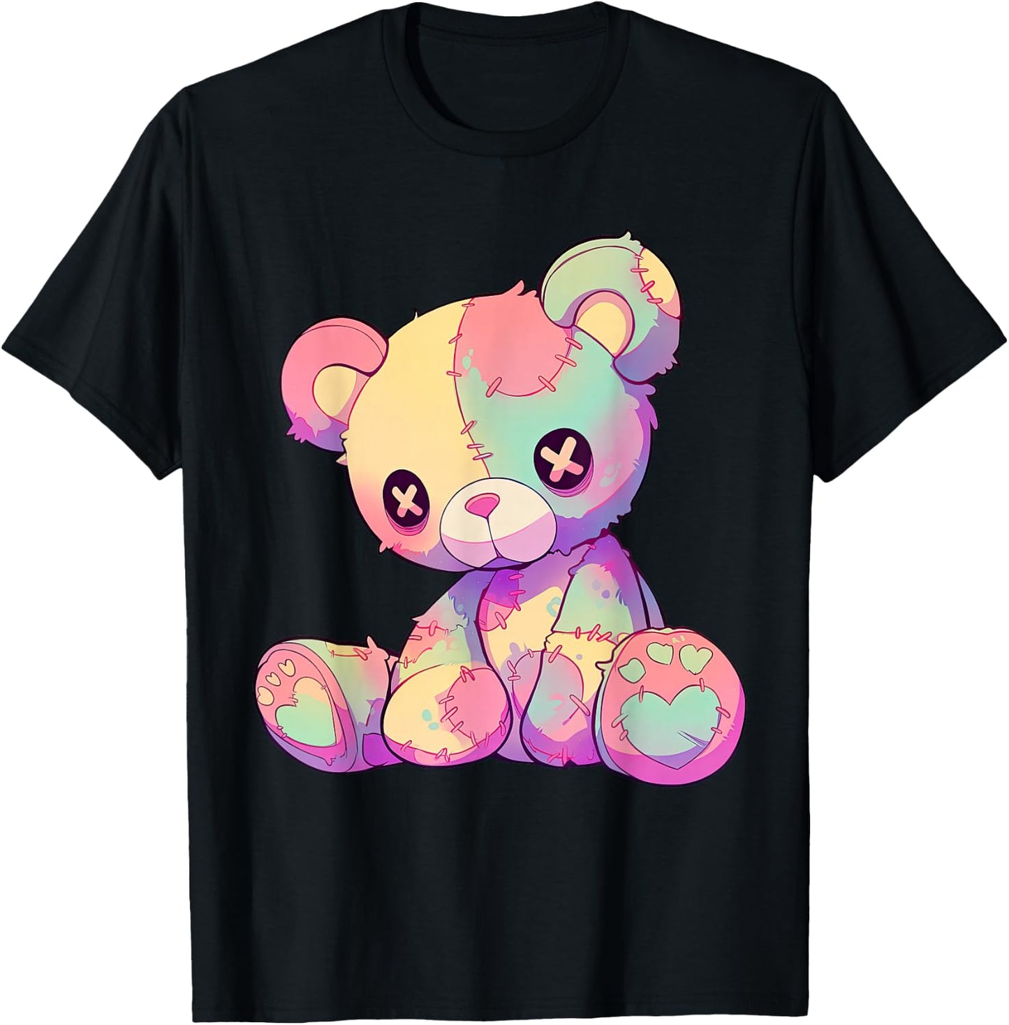 Kawaii Pastel Goth Creepy Cute Witchy Patchwork Teddy Bear T-Shirt - T-Shirt | Black