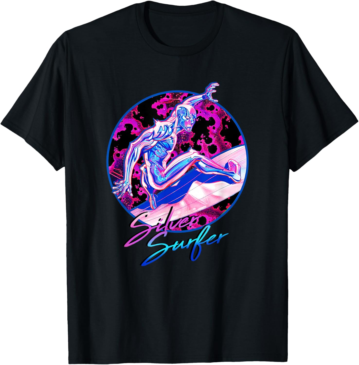 Marvel Fantastic Four Silver Surfer Bright Neon 80s Logo T-Shirt - T-Shirt | Black