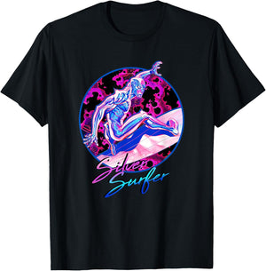 Marvel Fantastic Four Silver Surfer Bright Neon 80s Logo T-Shirt - T-Shirt | Black