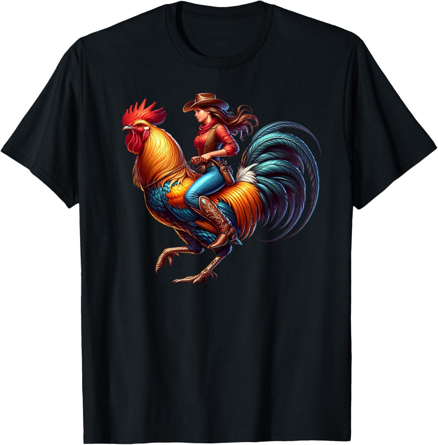 Funny Cowgirl Riding Rooster Country Life Western Girls T-Shirt - T-Shirt | Black