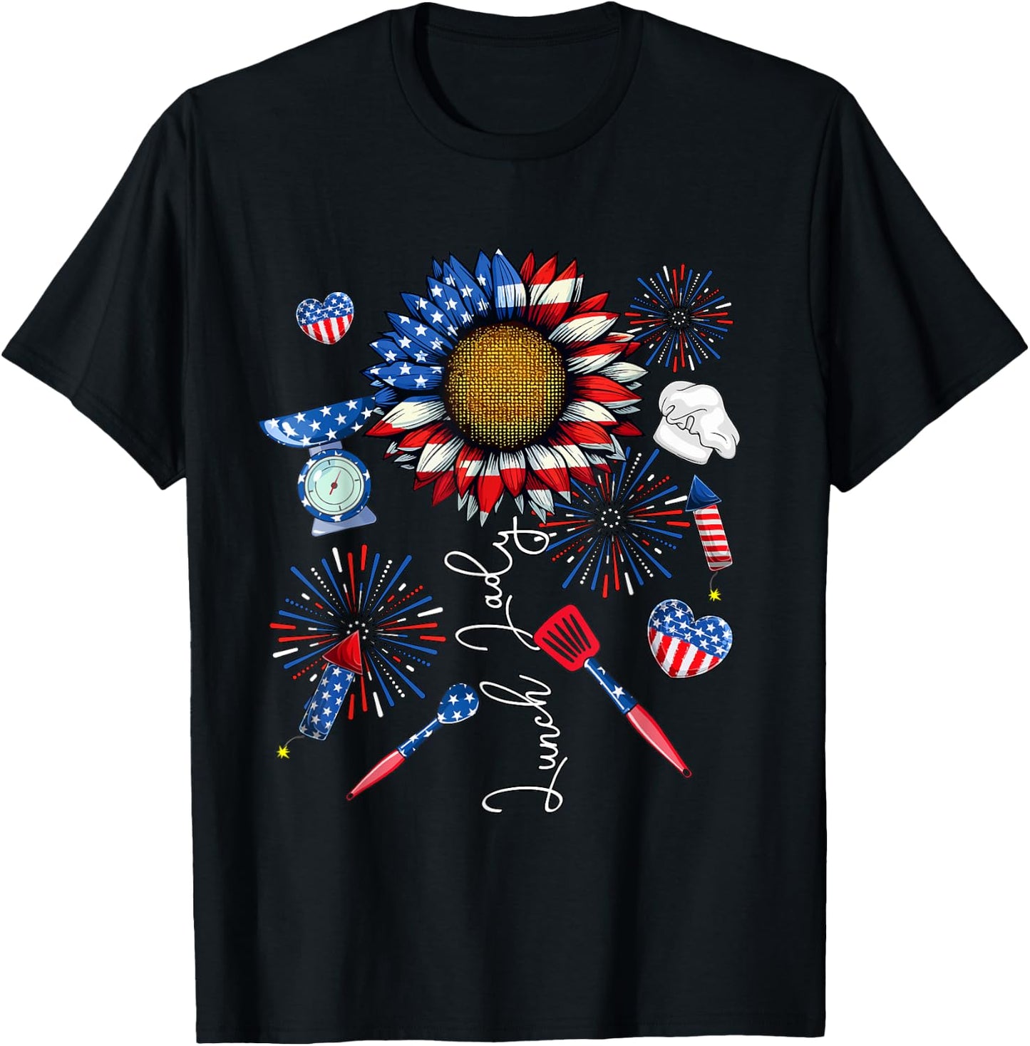 Lunch Lady 4th Of July Sunflower Proud Flag Patriotic Lover T-Shirt - T-Shirt | Black