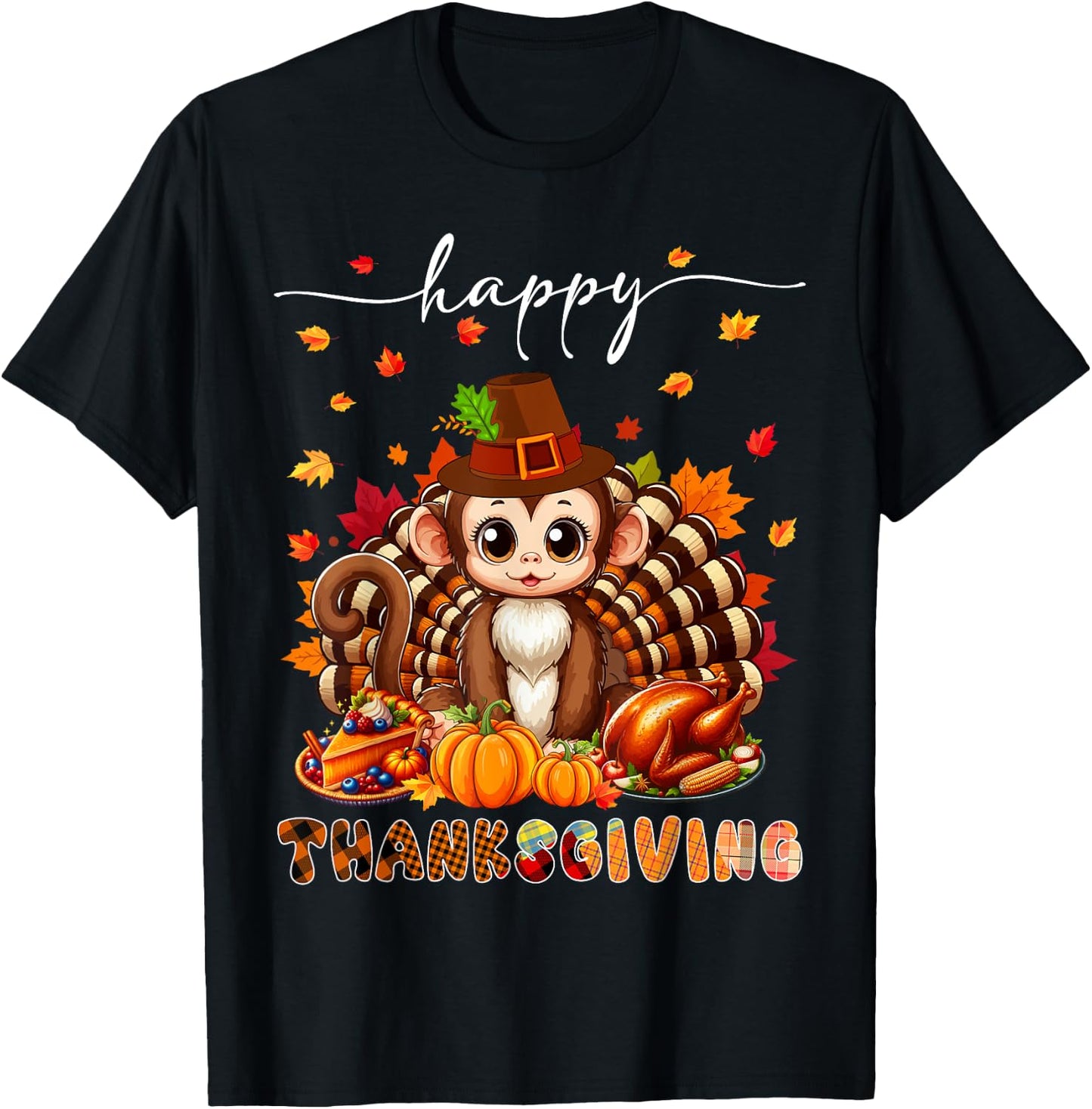Happy Thanksgiving Monkey Costume Turkey Fall Leaves Food T-Shirt - T-Shirt | Black