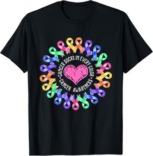 Cancer Sucks In Every Color Fighter Breast Cancer Awareness T-Shirt - T-Shirt | Black
