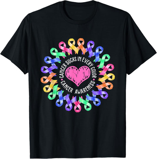 Cancer Sucks In Every Color Fighter Breast Cancer Awareness T-Shirt - T-Shirt | Black