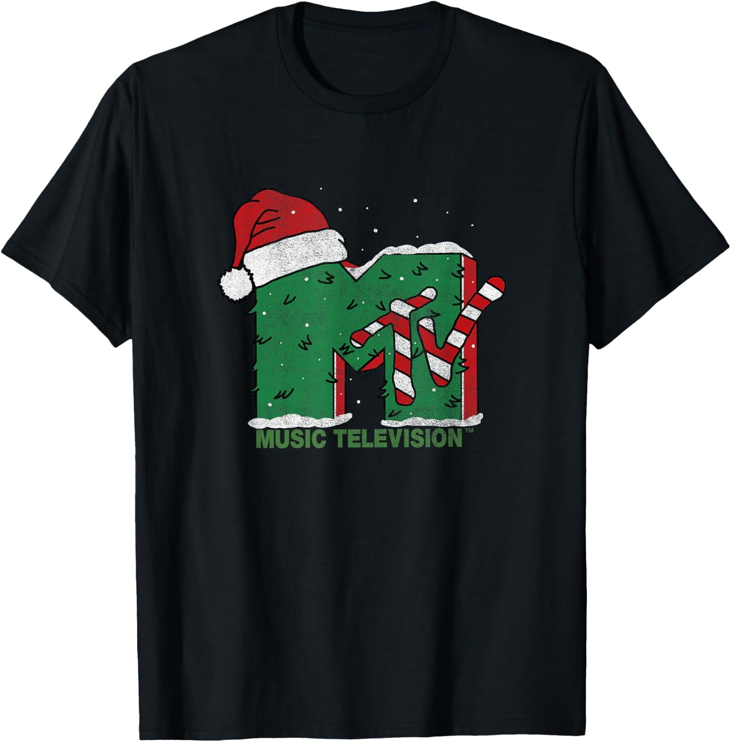 MTV Christmas Vintage Santa Claus & Christmas Tree Logo T-Shirt - T-Shirt | Black
