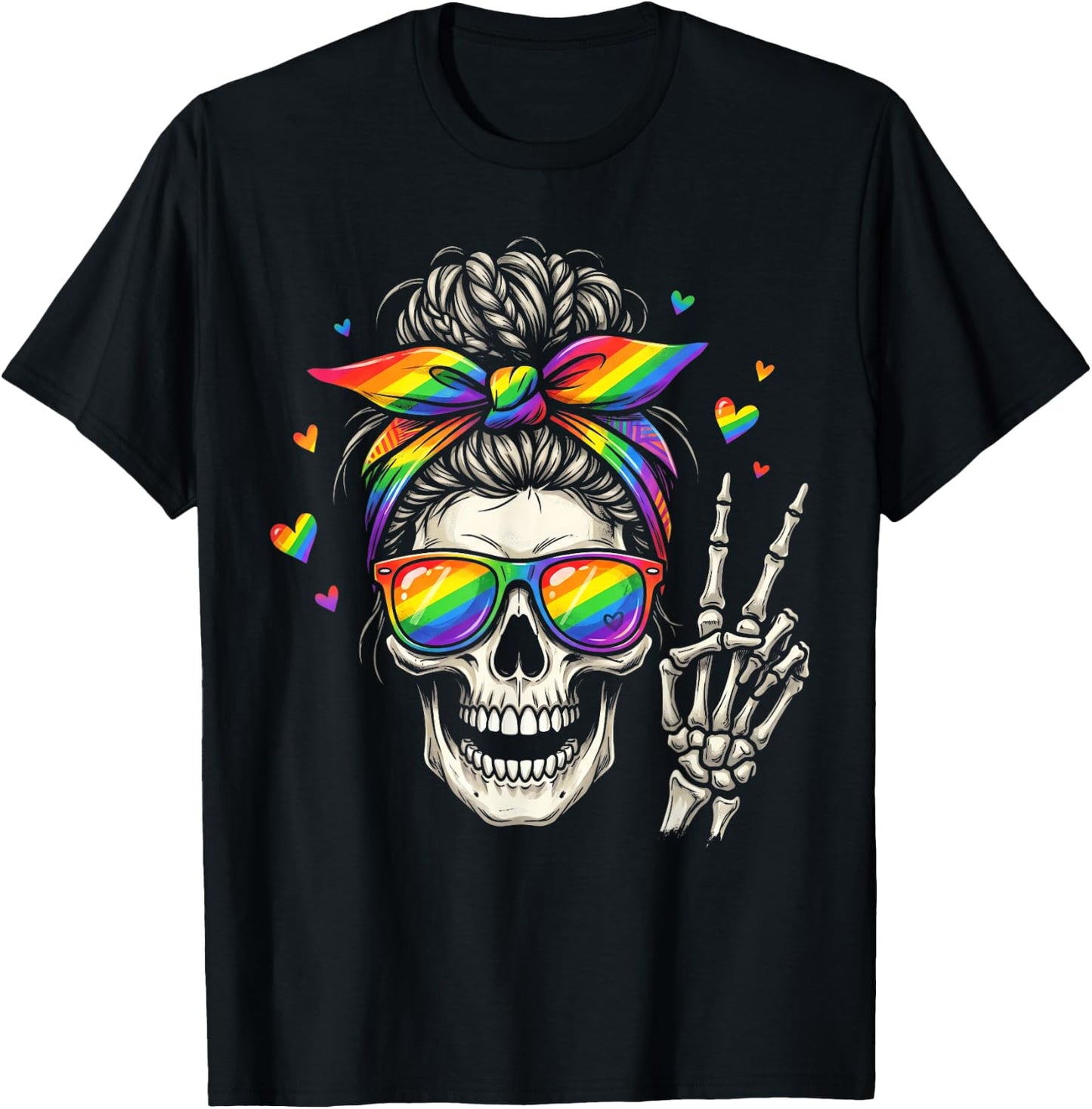 Messy Bun Skull Rainbow Flag LGBT Gay Pride Women Girls T-Shirt - T-Shirt | Black