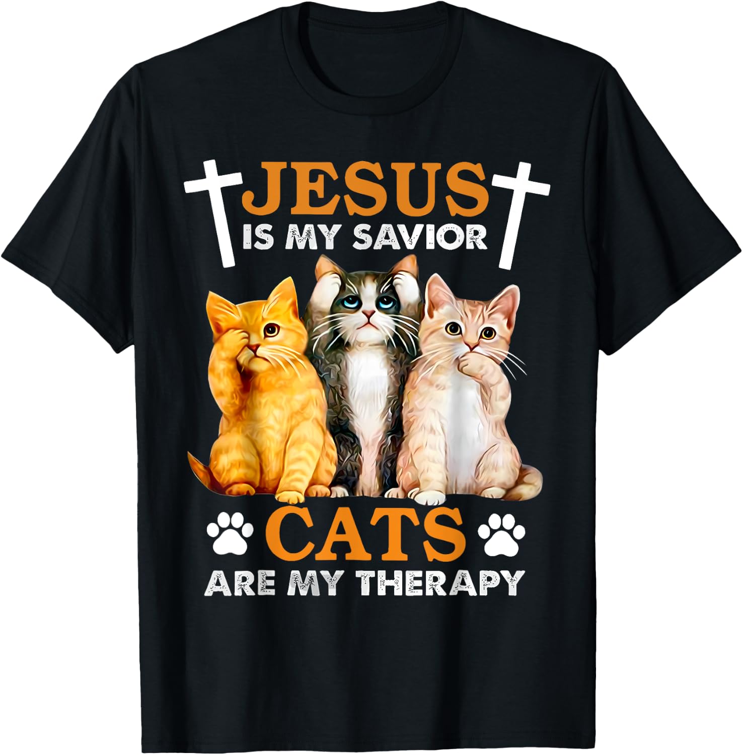 Jesus Is My Savior Cats Are My Therapy Christian Funny Cat Men Women T-Shirt - T-Shirt | Black