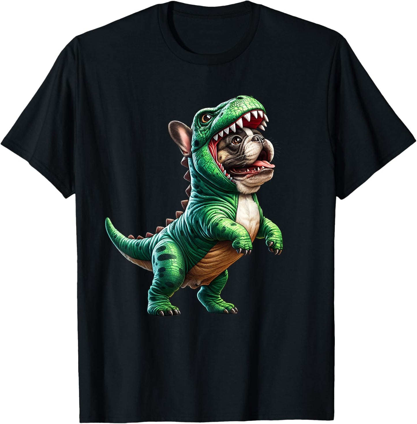 French Bulldog Wearing T-Rex Dinosaur Outfit Funny Dog Lover T-Shirt - T-Shirt | Black