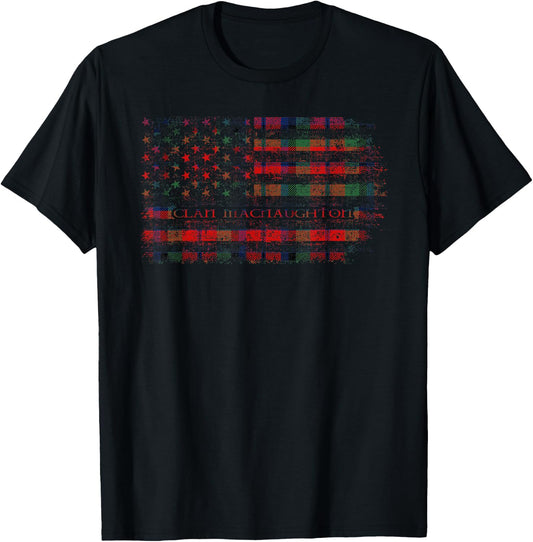 Clan MacNaughton Scottish tartan US flag kilt Scotland T-Shirt - T-Shirt | Black
